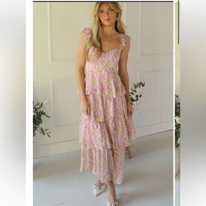 astr the label midsummer pink floral tiered front slit maxi sun dress small NEW